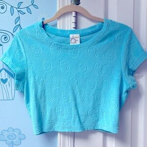 New Offline by Aerie Terry Smiley Faces Tee Blue Greenish Top Women’s Size Small